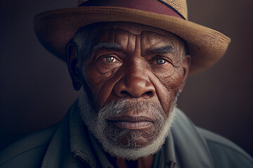 Portrait of old black man with wrinkles and beard wearing a hat looking straight into the camera, illustration generative AI