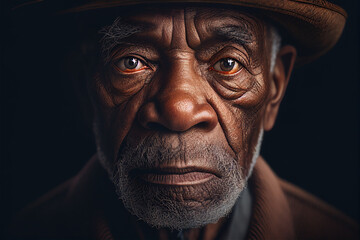 Portrait of old black man with wrinkles and beard wearing a hat looking straight into the camera, illustration generative AI