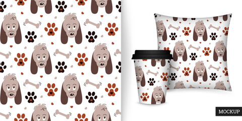 Seamless pattern with puppy, paw and bone. Childish background with cartoon dog and paws. Vector illustration in flat style. Design for cover, paper, fabric. Mockup.