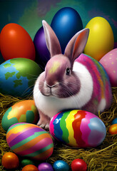 Fototapeta na wymiar Bunny with a lot of bright Easter eggs. AI generated