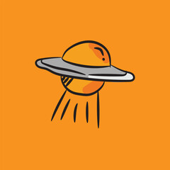 Cute doodle ufo, Hand drawn ufo, isolated on orange background. vector illustration. Eps 10