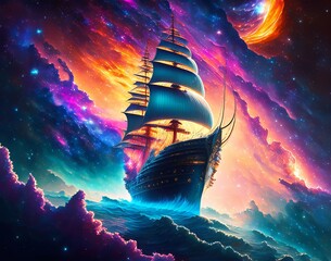 Best Massive Ship in Storm Super Detailed Galleon Sailing Through Starry Space Highly Detailed Nebula Realistic Background Ai - obrazy, fototapety, plakaty