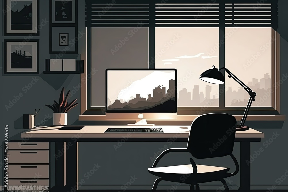 Poster Office computer desk scene illustration. Generative AI