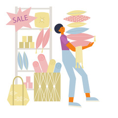 Man carries heap of throw pillows on sale. Home decoration shopping process. Flat vector illustration