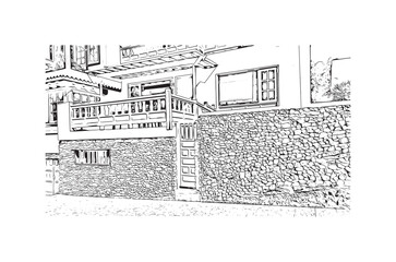 Building view with landmark of Playa Blanca
is the town in Spain.
Hand drawn sketch illustration in vector.