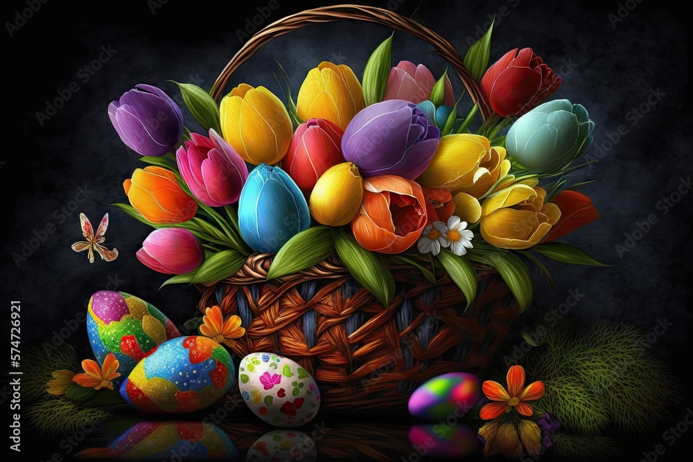 Wall mural colorful easter eggs with patterns and flowers in a basket - generative ai