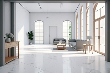 Obraz na płótnie Canvas Interior luxury minimalist design with wood furnishings and light gray fabric in the living room, concrete tile flooring, and arched pathways in a huge window apartment. Generative AI