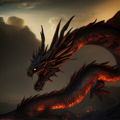 generative AI Fire Dragon in the Mountains, realistic dragon 3d, 3d dragon realistic, myth dragon monster, monster dragon, mythology monster, mythology animal, Legend of the Fire Dragon