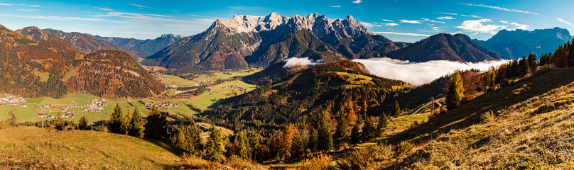 High resolution stitched alpine autumn panorama at the famous Buchensteinwand summit, St. Jakob in Haus, Tyrol, Austria