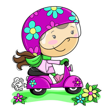 Illustration of a girl on a pink scooter wearing a pink helmet with flowers riding through the field. Vector illustration