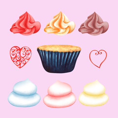 Set for creating sweet cupcakes with decorations painted with watercolors and isolated.