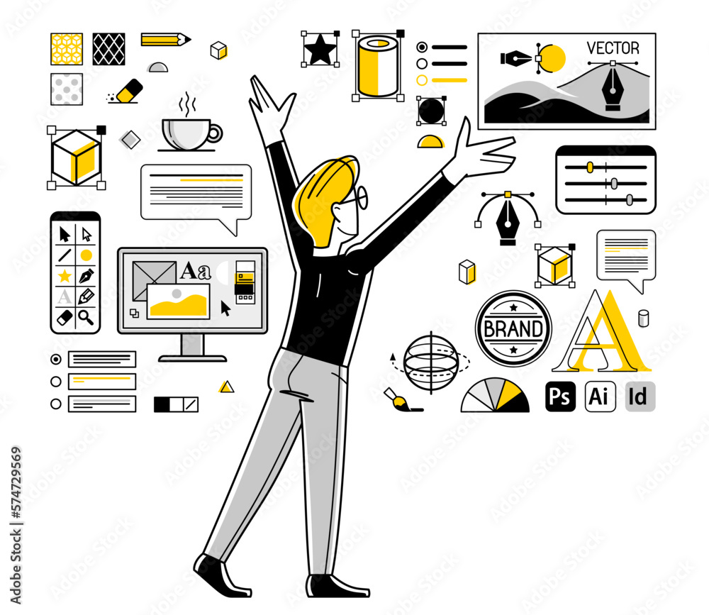 Poster graphic designer doing some creative job using computer software, digital visual artist working on a