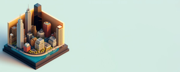 Square-shaped miniature of Chicago featuring a collection of best known buildings, landmarks and streets, Isometric Metropolis city isolated on a plain background, urban concept, generative ai