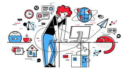 Freelancer working from home vector outline illustration, self-employed person busy with online work, professional doing some creative job on internet.