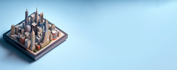Square-shaped miniature of Chicago featuring a collection of best known buildings, landmarks and streets, Isometric Metropolis city isolated on a plain background, urban concept, generative ai