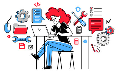 Technician computer engineer woman repairing pc vector outline illustration, fixing system work with software and hardware, system administrator.