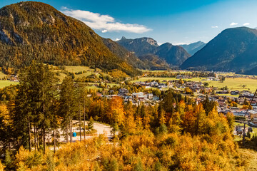 Beautiful alpine autumn or indian summer landscape view at the famous Loferer Alm, Lofer, Salzburg, Austria