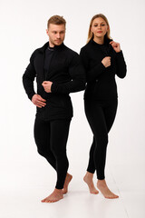 Sports family, husband and wife in thermal clothes.