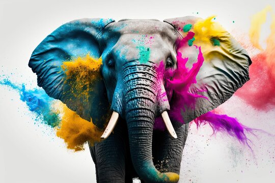 Portrait face of an elephant with holi colors paint , isolated on black, generative AI