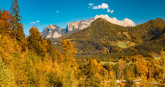 High resolution stitched autumn or indian summer panorama at the famous Loferer Alm, Lofer, Salzburg, Austria