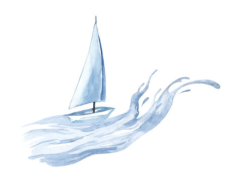 Sailing boat on the wave. Set of watercolor illustrations. Yacht