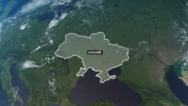 Ukraine map, zooming in from the space through a 4K photo real animated globe, with a panoramic view consisting of Asia, Africa and Eurasia. Epic spinning world animation, Realistic planet earth