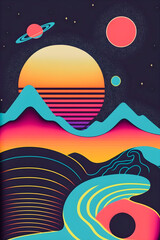 Obraz premium Planets in retro poster style, dark galaxy, cosmic illustration Generative AI