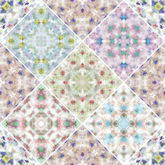  A collection of ceramic tiles in retro colors. A set of square patterns in ethnic style. Vector illustration.