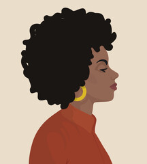A young curly dark skinned woman with an earring and in a red shirt sits in profile on a light background. Cute afro american girl. Vector illustration, eps 10.