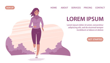 A beautiful slender african american girl is running. Outdoor park. Sports training run. Active and healthy lifestyle. Design for poster, banner, website. Cartoon vector illustration