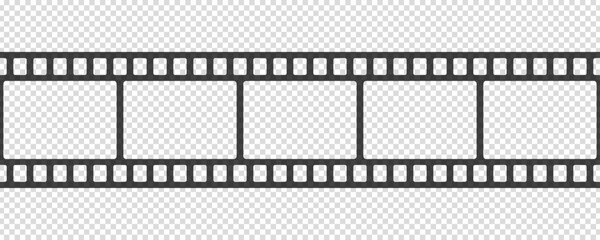 Film strip seamless pattern. Repeated black filmstrip on transparent background. Element for design old video film format. Repeating clipping reel movie. Photo frame roll tape. Vector illustration