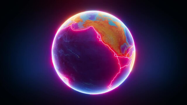 Rotating earth in 3d with tectonic plate boundaries glowing in bright red