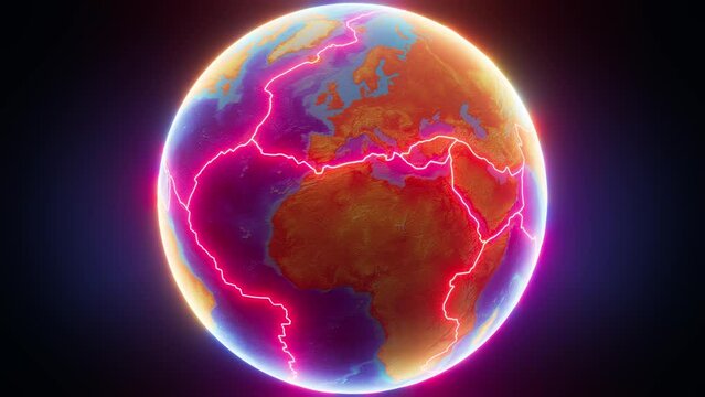 Rotating earth in 3d with tectonic plate boundaries glowing in bright red