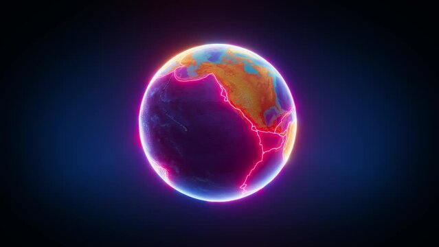 Rotating earth in 3d with tectonic plate boundaries glowing in bright red