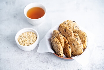 Fresh sweet healthy oatmeal cookies with chocolate drops