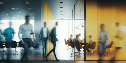 Blurred silhouettes of people in a coworking space or office space. Generative ai.