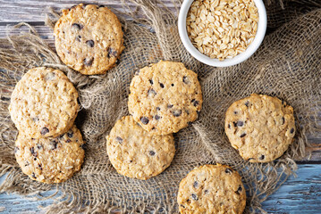 Fresh sweet healthy oatmeal cookies with chocolate drops