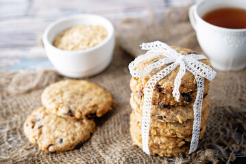 Fresh sweet healthy oatmeal cookies with chocolate drops