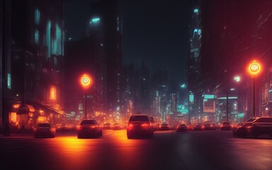 AI-generated illustration of a beautiful bright night city in a dark environment