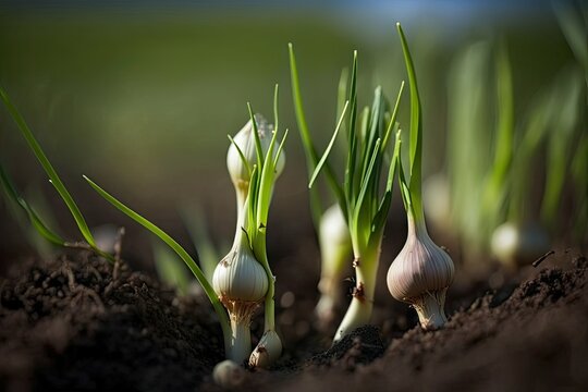 Fresh garlic sprouts in the field on a warm spring day. Generative AI