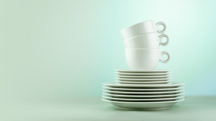 Clean, empty white dishes and cups on blue gradient background. Eco friendly washing dishes and cleaning. Dishes, porcelain background. Front view, copy space