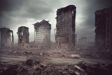 Apocalyptic and destroyed city after world war
