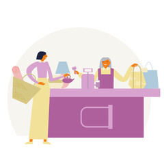 Woman near the cashier buying home decorations. Busket, vase, pot, lampHome decoration shopping process. Flat vector illustration