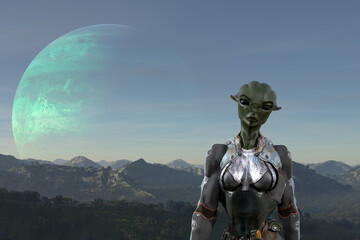 Naklejka premium Illustration of a female alien with large black eyes and green skin in the foreground with a large gaseous planet in the background.