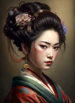 Portrait of a beautiful Japanese woman in traditional costume, timeless beauty representing rich cultural heritage of ancient Japan - AI generative