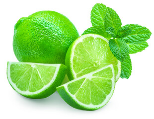 Lime isolated on white background. Lime citrus fruit with mint leaf  and slices closeup. Food composition.