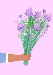 Hand holds out a bouquet of flowers. Watercolor purple wildflowers on pink background. Man gives flowers. Women's day card
