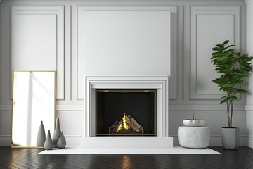 large, conventional fireplace that is not lit. White walls. empty mockup shelf for a mantle piece. Illustration. Generative AI - obrazy, fototapety, plakaty