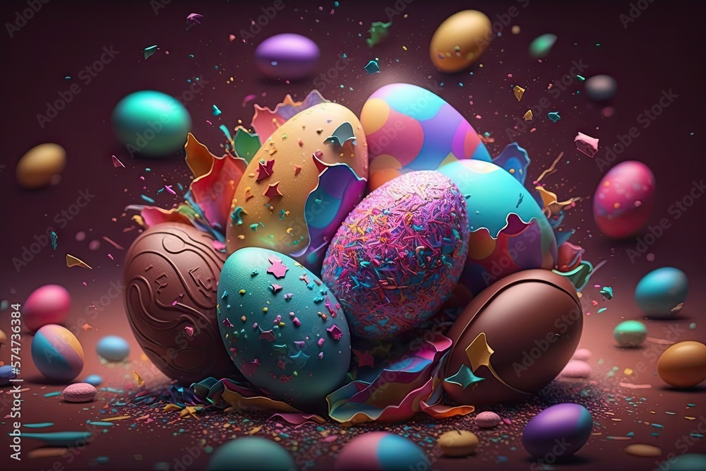 Wall mural chocolate easter egg exploding, vivid color background wallpaper - generative ai
