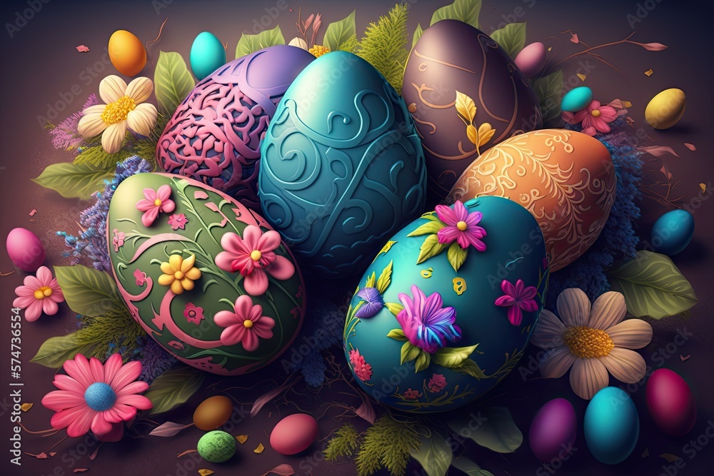 Wall mural Colorful Easter eggs with patterns on wallpaper background - Generative AI